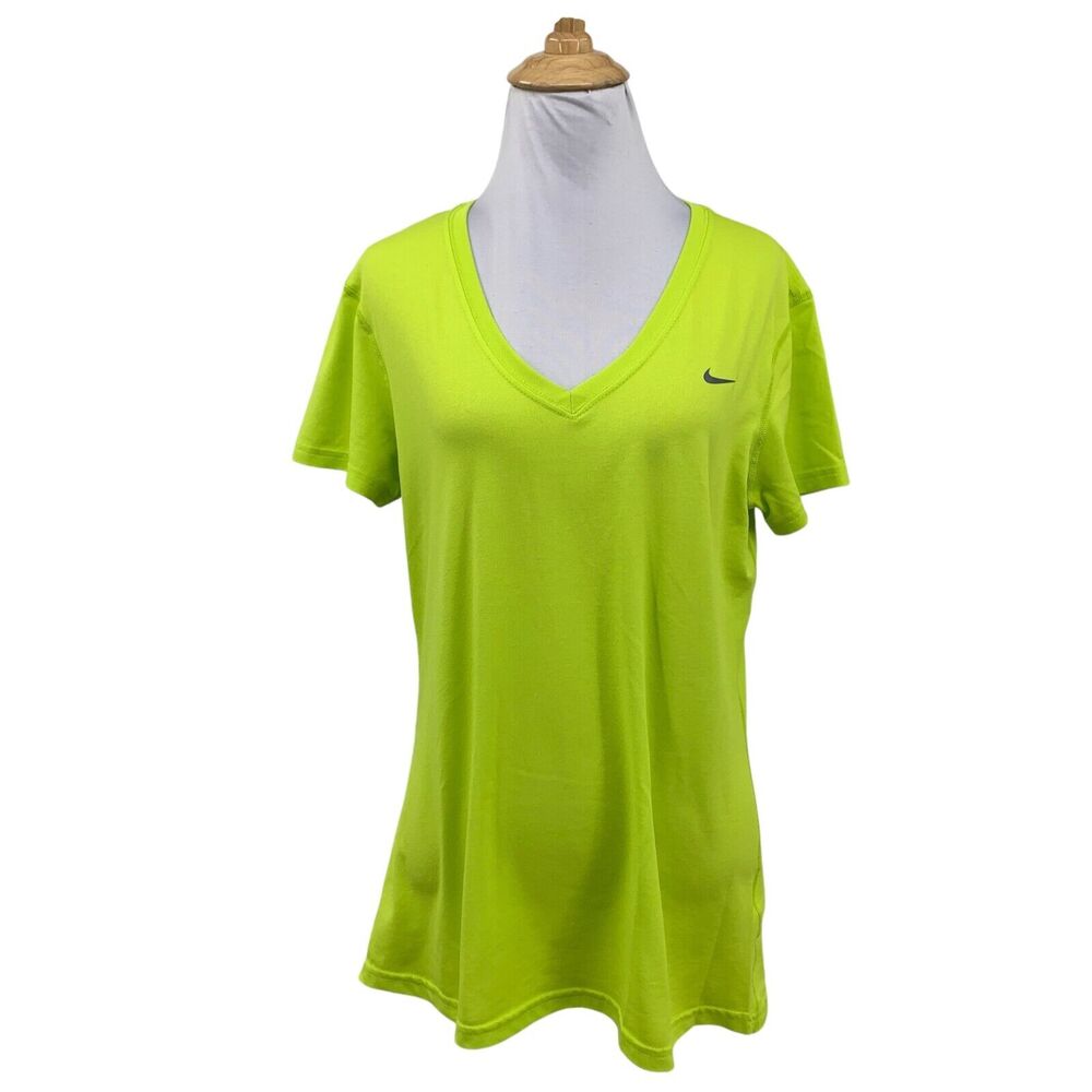 Nike T Shirt Womens M Medium Acid Lime Dri Fit Regular Fit V Neck Short Sleeve